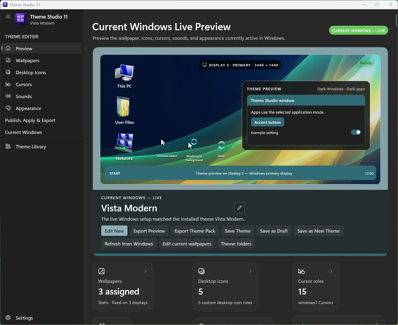 Theme Studio 11: theme settings window