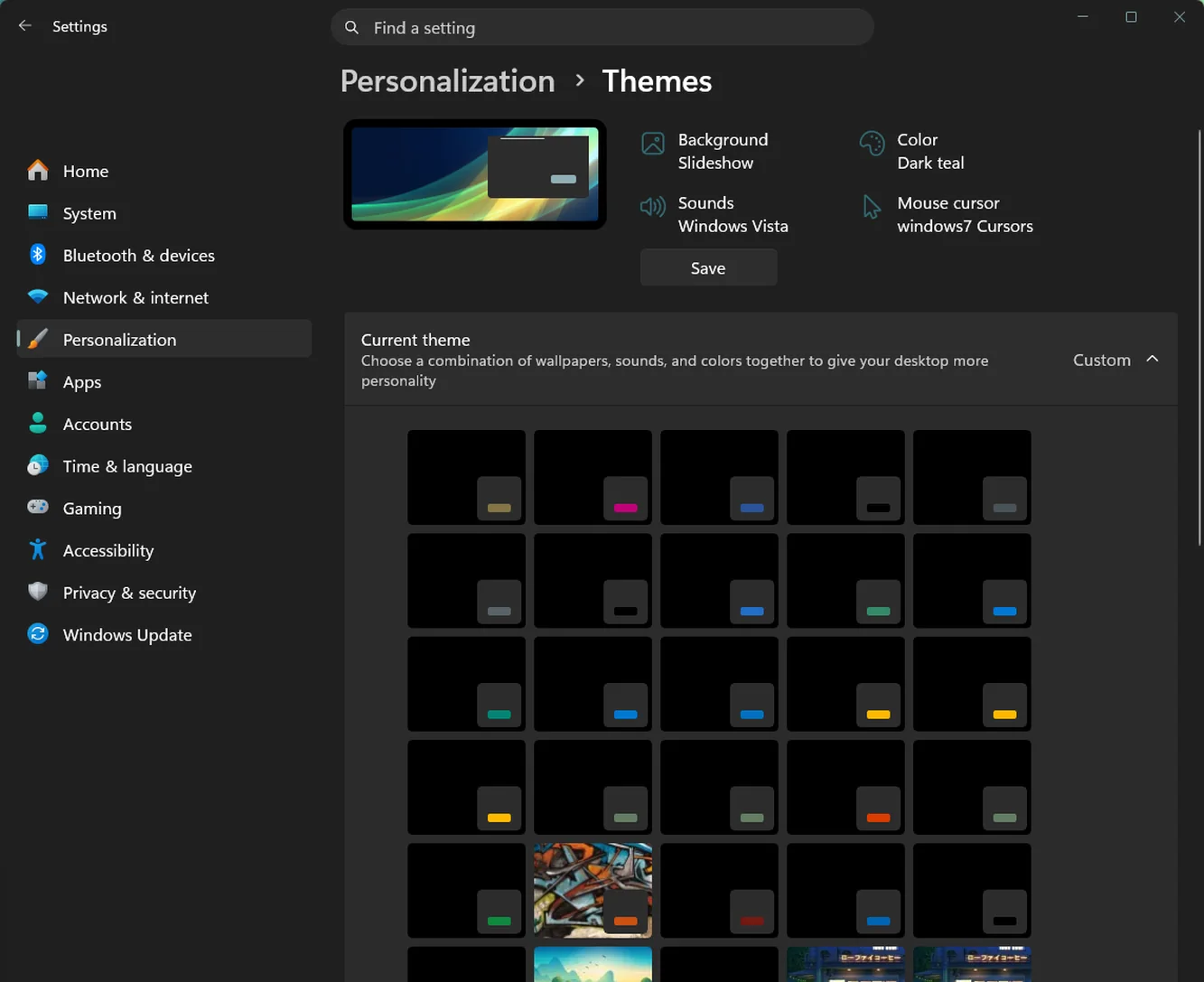 Windows Settings: theme settings window