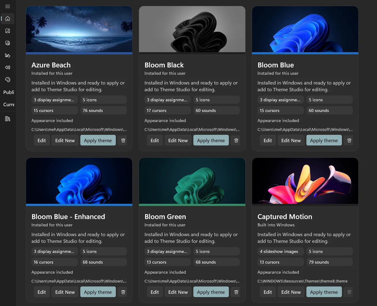 Theme Studio 11: installed theme library