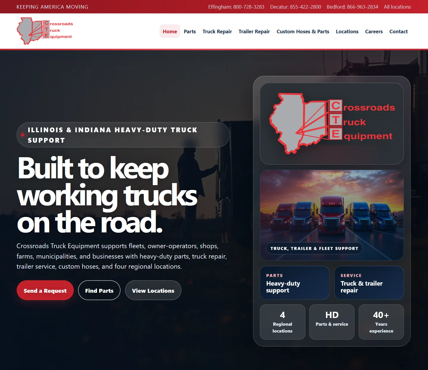 Crossroads Truck Equipment homepage featuring heavy-duty truck parts, repair, trailer service, and regional locations