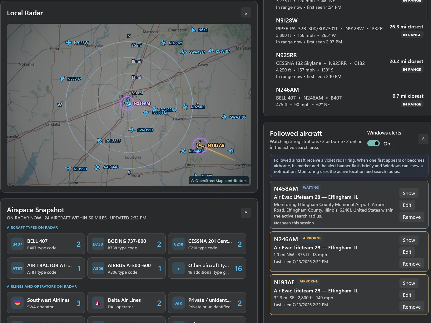Effing’ Airspace aircraft tracking application interface