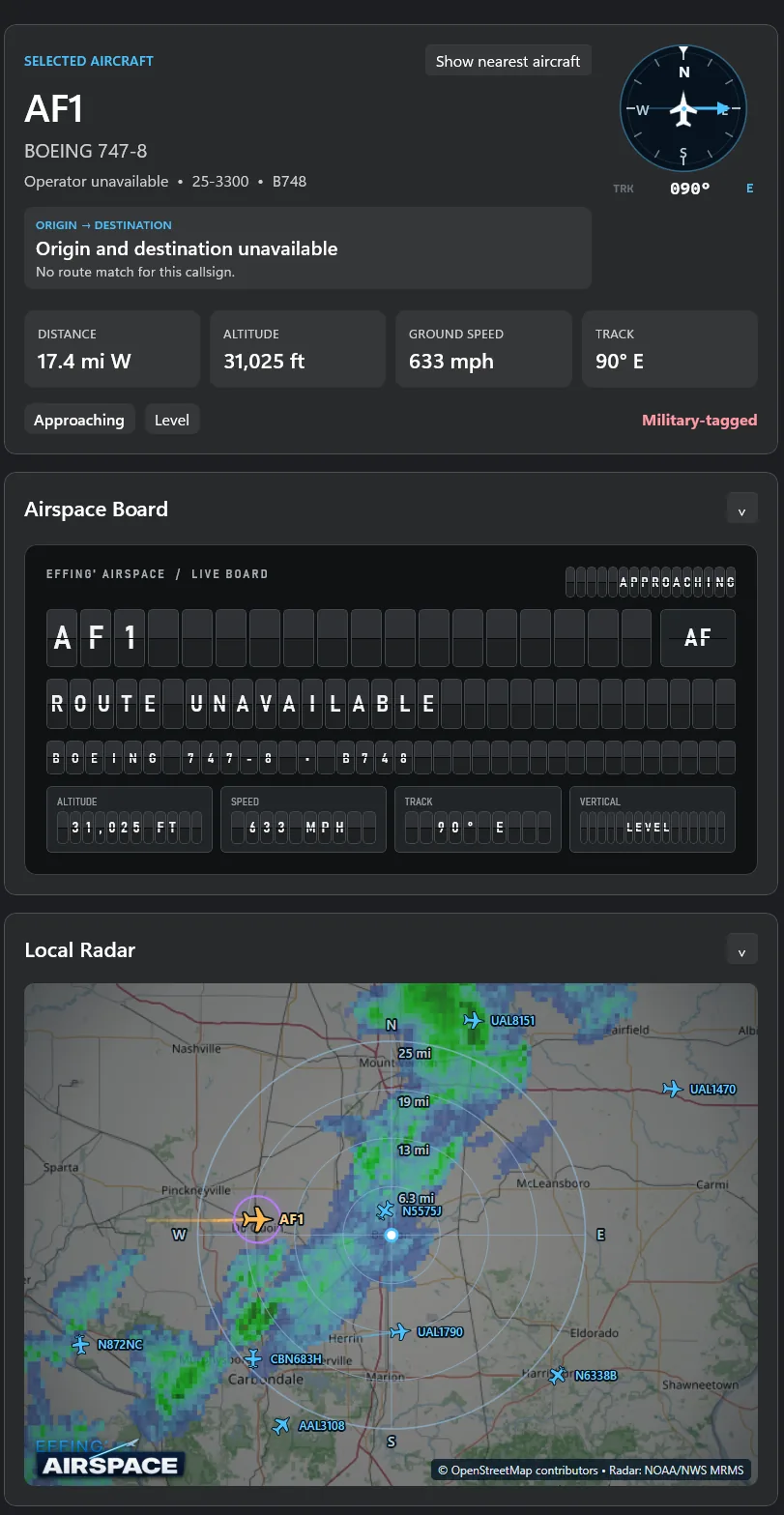 Effing’ Airspace selected aircraft detail, Live Board, and Local Radar views