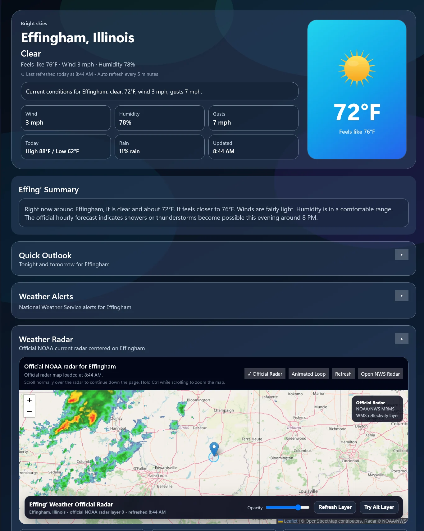 Effing’ Weather showing current conditions, Effing’ Summary, weather alerts, and official NOAA radar