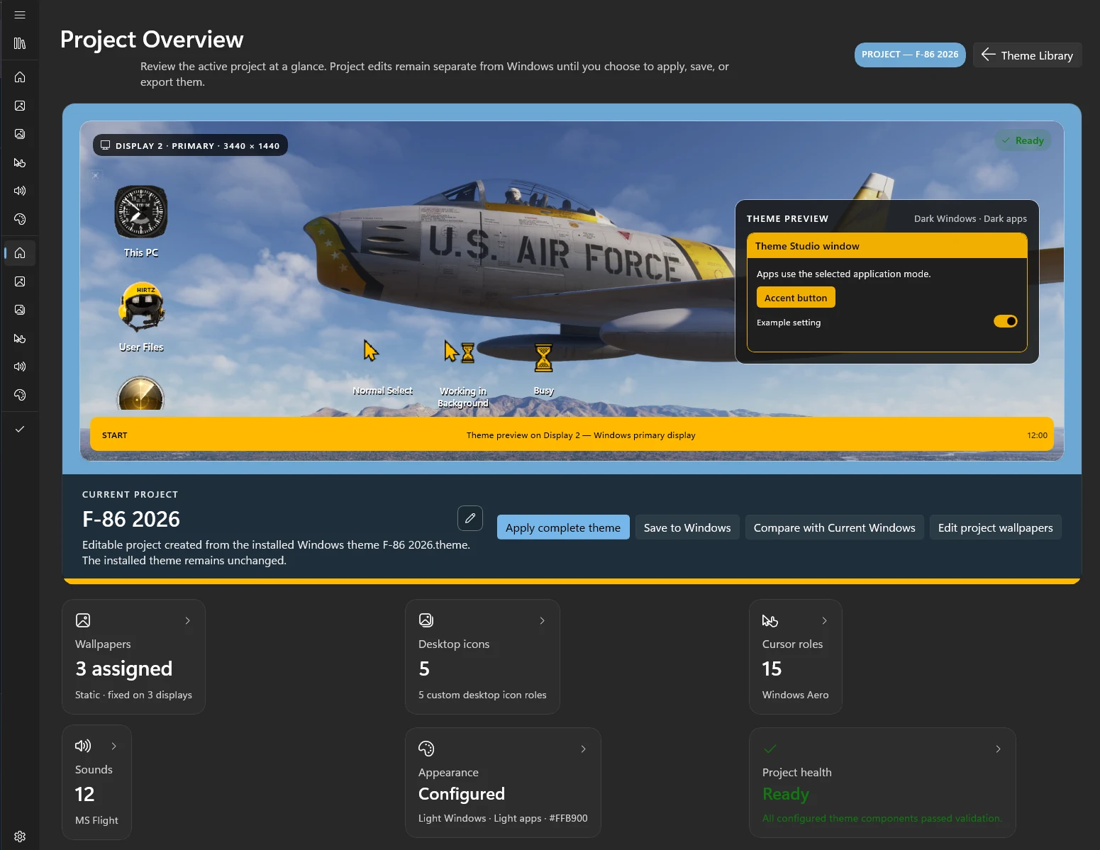 Theme Studio 11 Project Overview showing the F-86 2026 theme project, wallpaper, desktop icons, cursor roles, sounds, appearance, and project health
