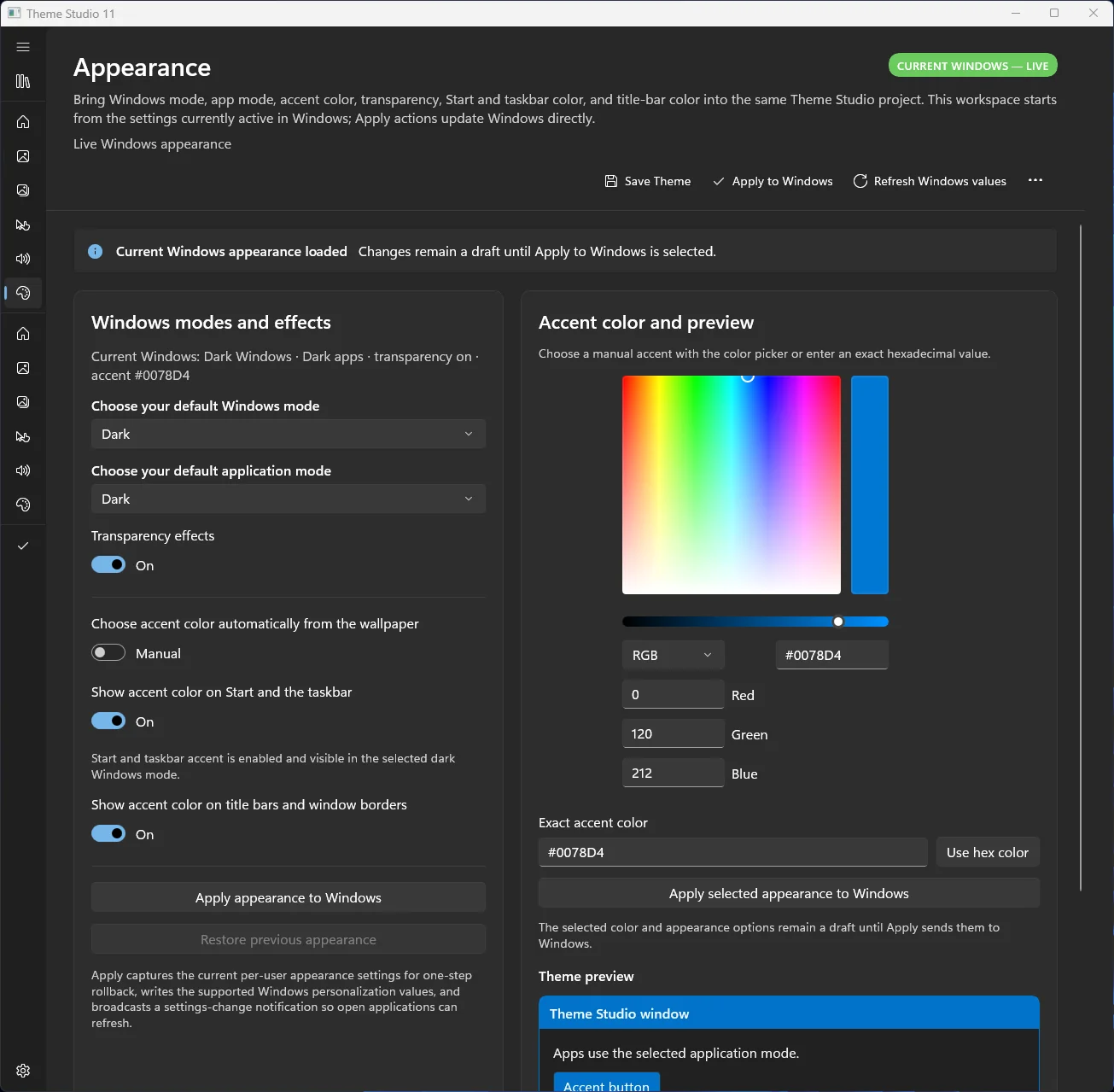 Theme Studio 11 Appearance editor