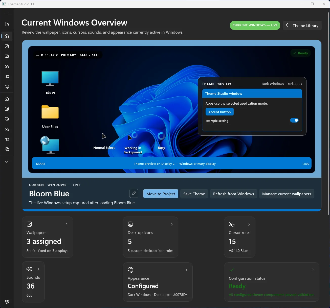 Theme Studio 11 Current Windows Overview showing a complete live Windows theme preview