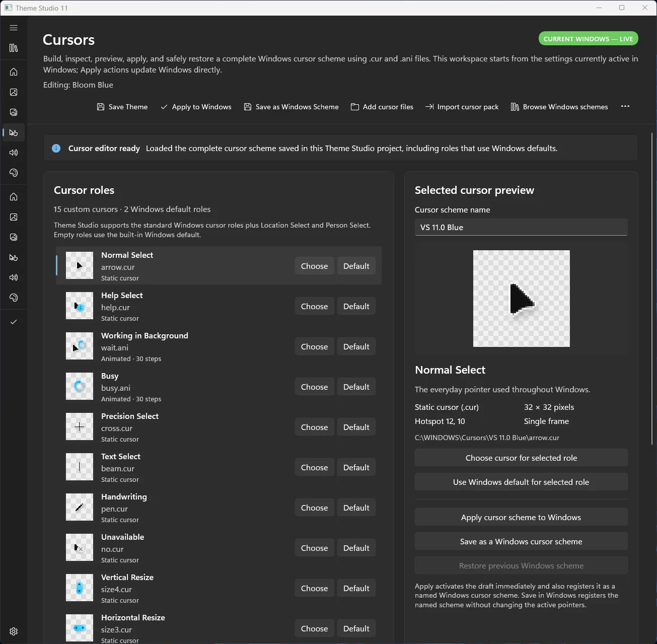 Theme Studio 11 Cursors editor