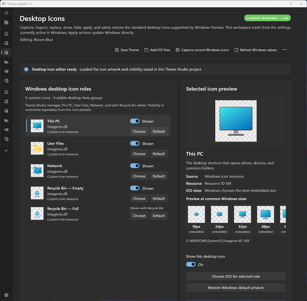 Theme Studio 11 Desktop Icons editor
