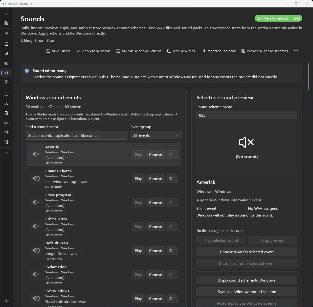 Theme Studio 11 Sounds editor