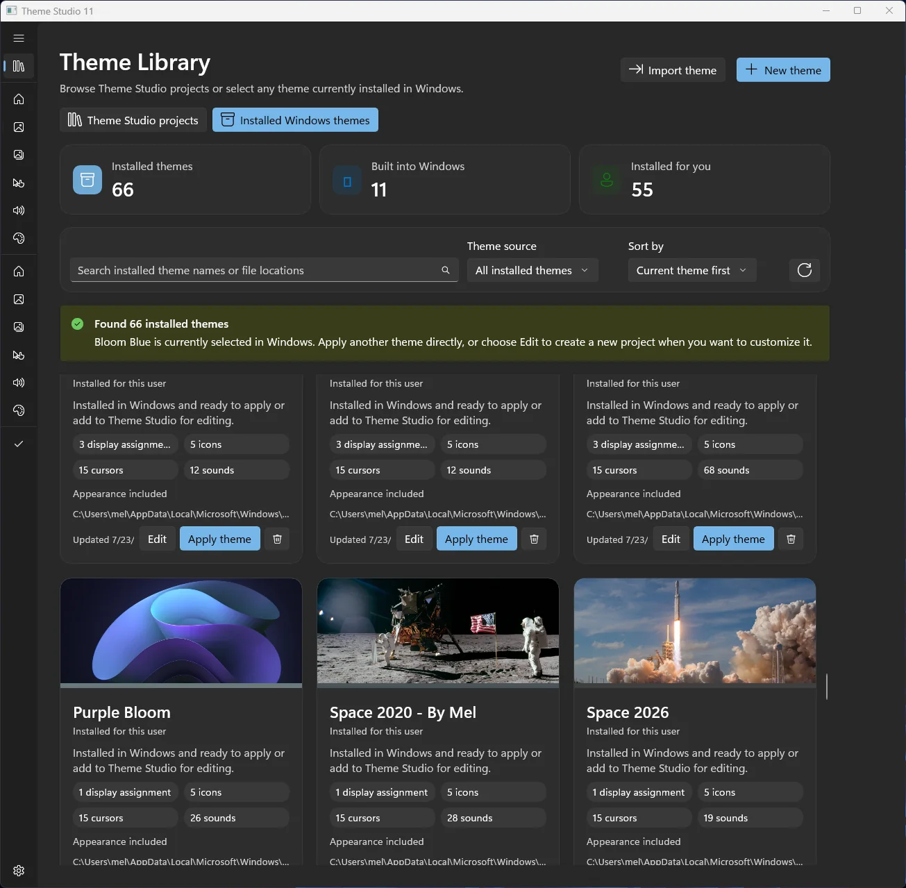 Theme Studio 11 Theme Library showing installed Windows themes